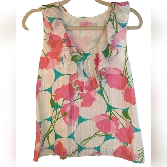Lilly Pulitzer COTTON Ruffled Flirty Pink Green Floral Print Sleeveless Blouse S - Picture 7 of 15